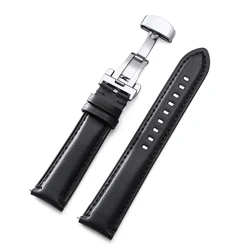 Luxurious Genuine Cowhide Leather Watch Band with Butterfly Buckle - Vintage Soft Strap - 22mm (Black)