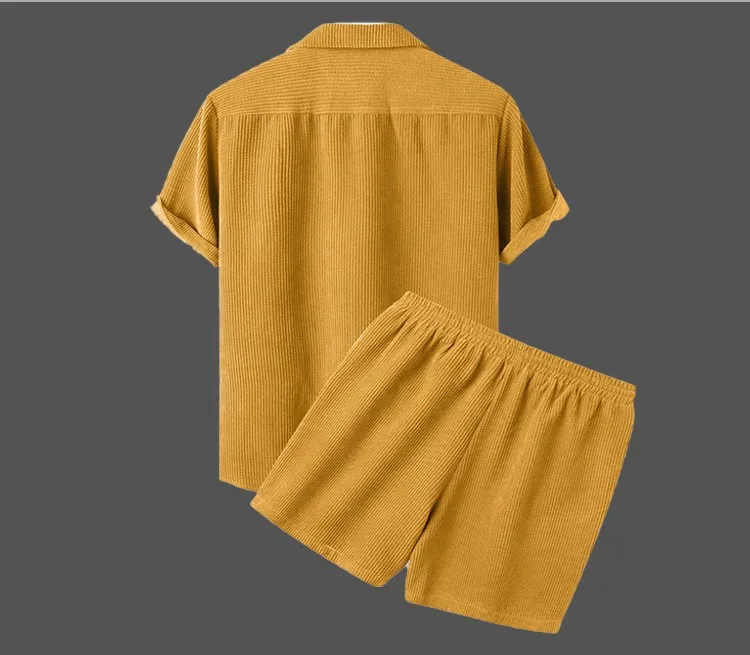 Summer Men’s Corduroy Shorts Set with Lapel Short Sleeve Shirt and Matching Shorts from CyberStreetOne.com yellow back