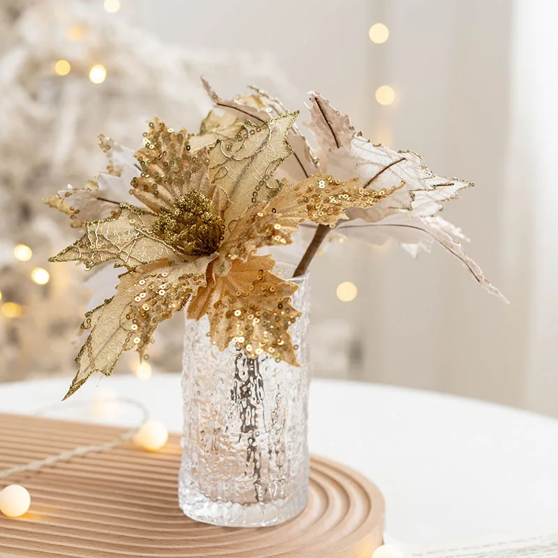 10 Fiori Di Stella Di Natale Artificiali 18 Cm Oro – Decorazioni Natalizie Per Albero, Ghirlande E Centrotavola