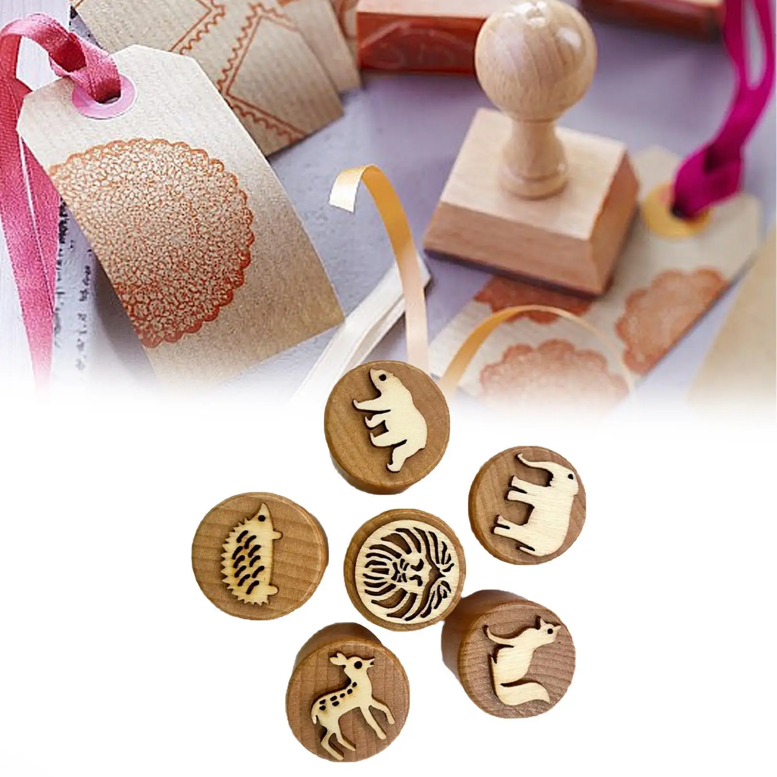 6 Pieces Wooden Stamps for Kids DIY Craft Decorations Card Making Montessori