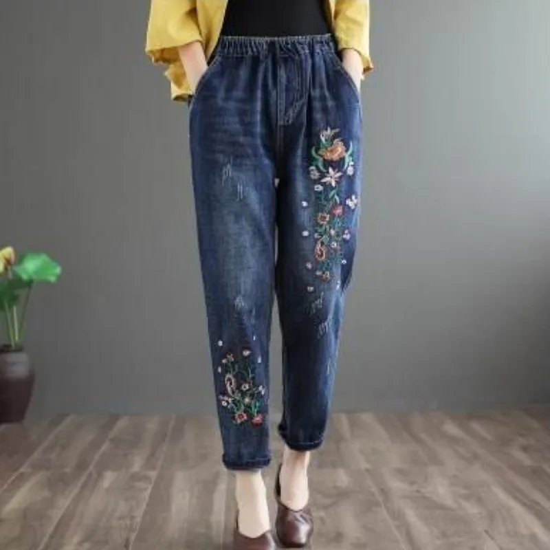 Women Denim Pants Harlem Pants Embroidery Casual Trouser Woman Clothing High Waisted Loose Fit Casual Solid Design Office Lady