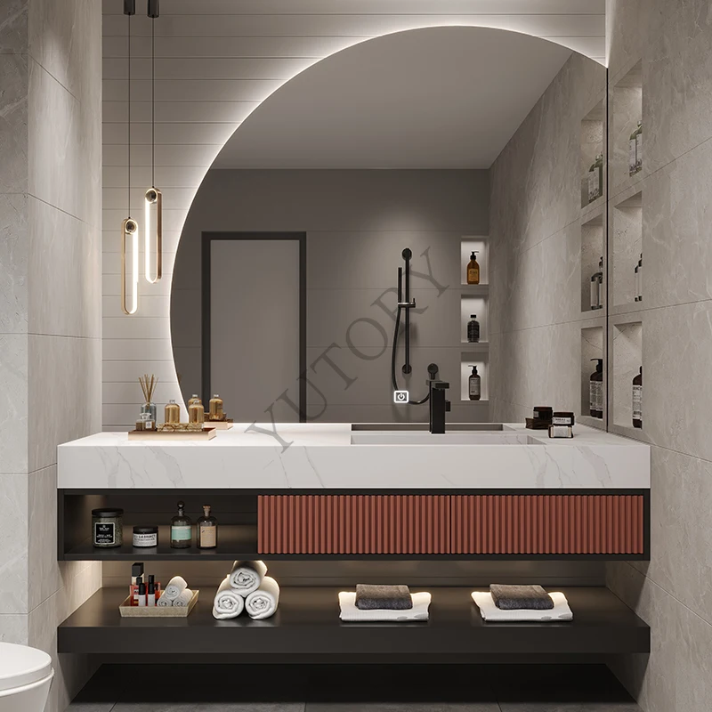 Solid wood rock slab integrated basin bathroom cabinet modern smart toilet hand wash basin cabinet bathroom