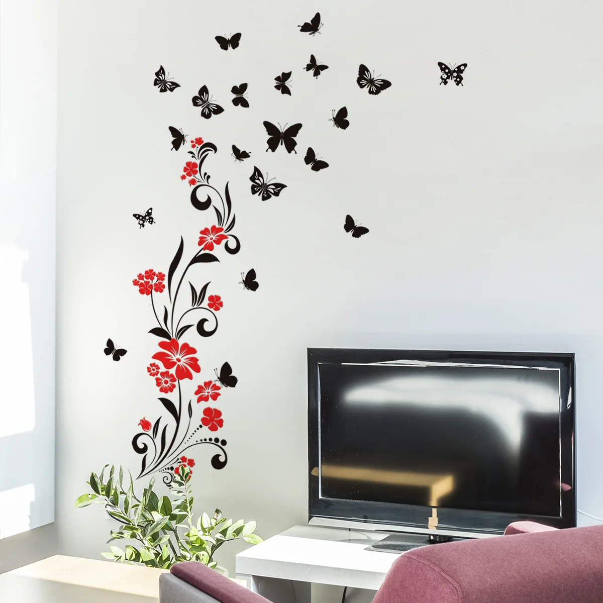 Hongchun Un Ensemble de Stickers Muraux Fleur Papillons Noirs Creative Sticker  Mural Amovible Déco Autocollants pour Chambre Salon Décoration 