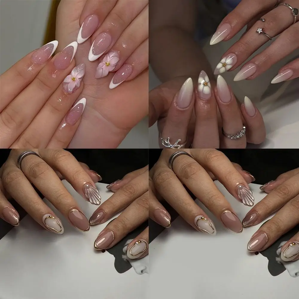 24pcs Manicure Long Almond False Nails French White Edge Fake Nails Detachable Aurora Flower Press on Nails DIY