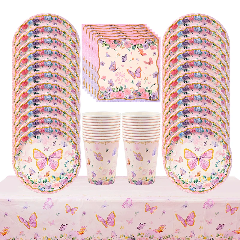 

Pink Butterfly Disposable Tableware Set Paper Plates Cup Napkin Tablecloth Girls Birthday Party Decoration Supplies Baby Shower