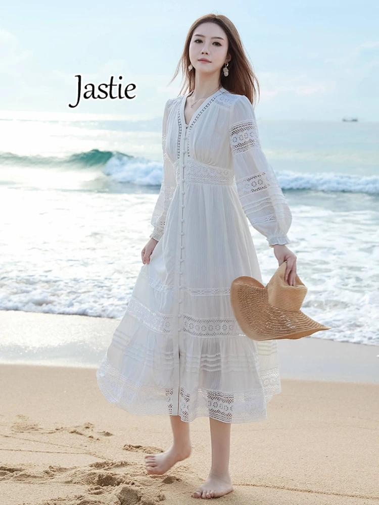 

Jastie White Cotton Single-breasted Lantern Sleeve Long Dress Hollow Lace V Neck Womens Dresses Elegant Holiday Woman Clothing