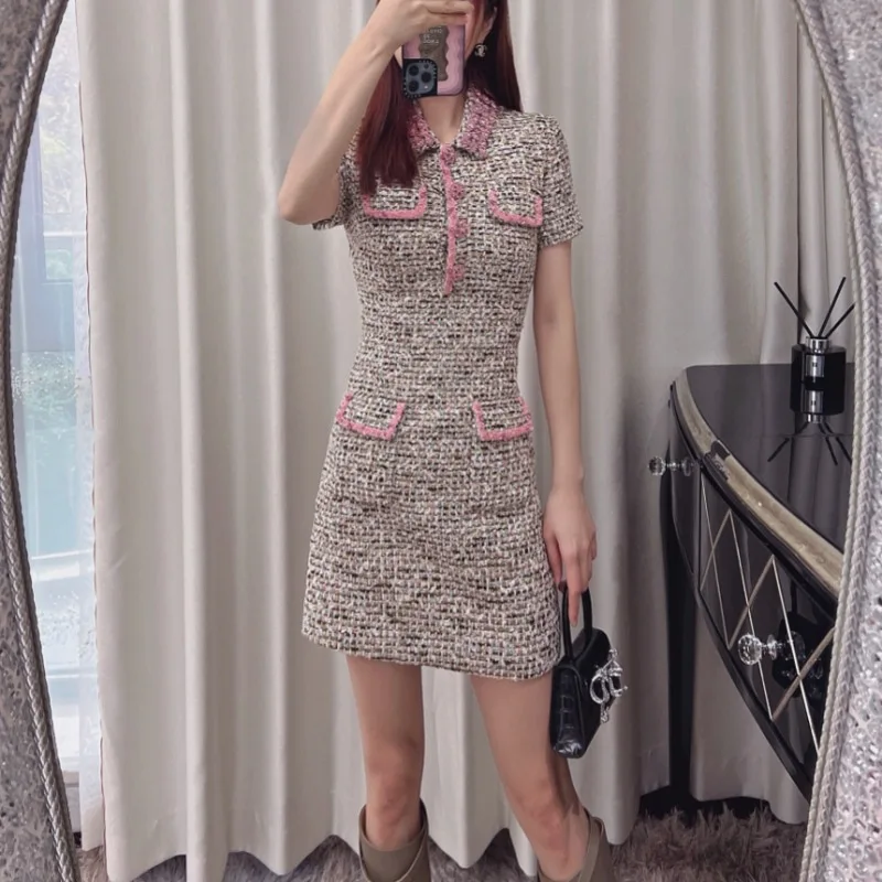 

Женское приталенное платье с отложным воротником, элегантное шерстяное офисное мини-платье с коротким рукавом для женщин