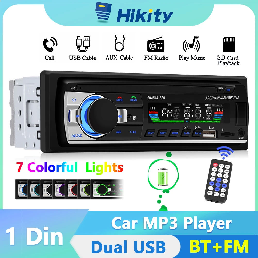 Hikity 1 Din Car Mp3 Player Autoradio Digitale Lettore Stereo Bt Fm Radio Audio Stereo Musica Usb/Sd Con Ingresso Dash Aux