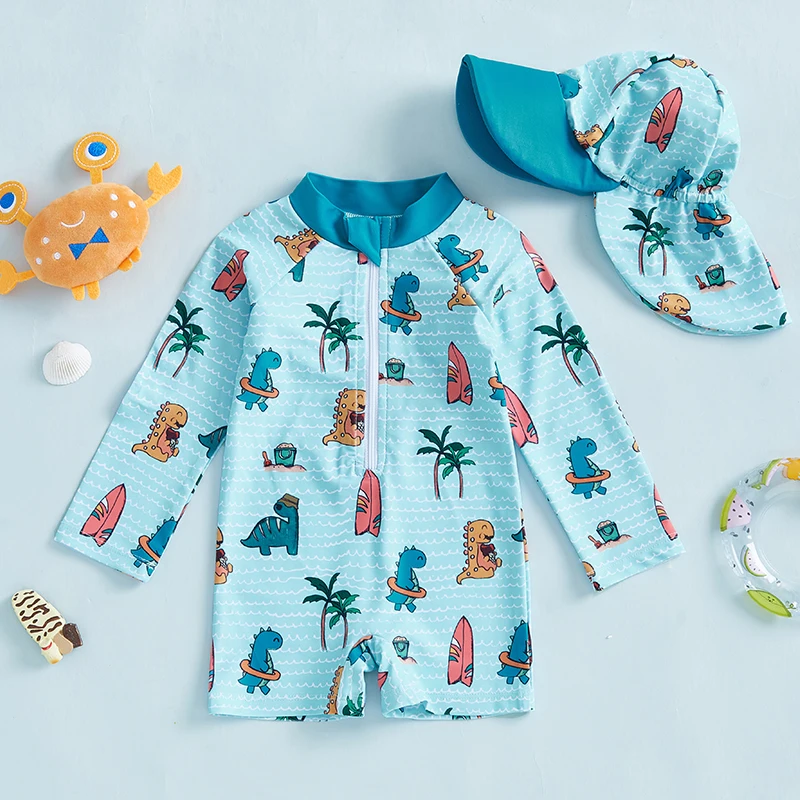 Citgeett Summer Kids Boy Swimsuits Cute Cartoon Print Long Sleeve Zipper Bathing Suit Sun Cap Clothes