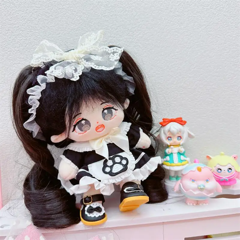 20cm Cute Girls Plush Cotton Doll Kawaii Black Maid Dress Bow Hair