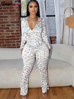 Weird Puss Leopard Contrast Letter Print 2 Piece Set Women Hooded Full Sleeve Crop Jacket+Skinny Stretch Flare Pants Trend Suits