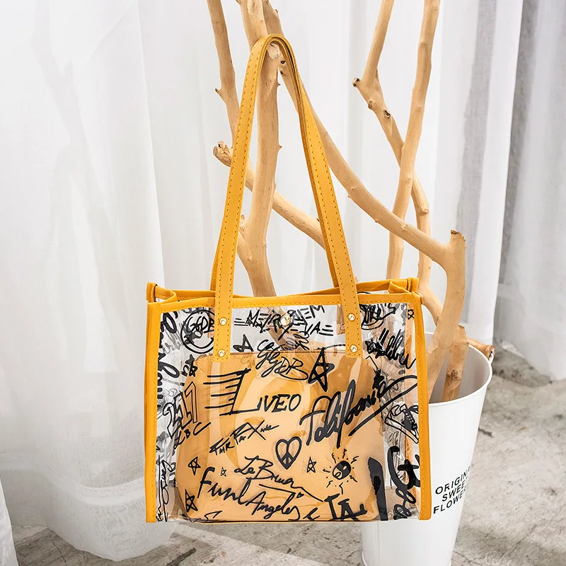 2Pcs sets Clear Graffiti Handbag Linen PVC Transparent Women