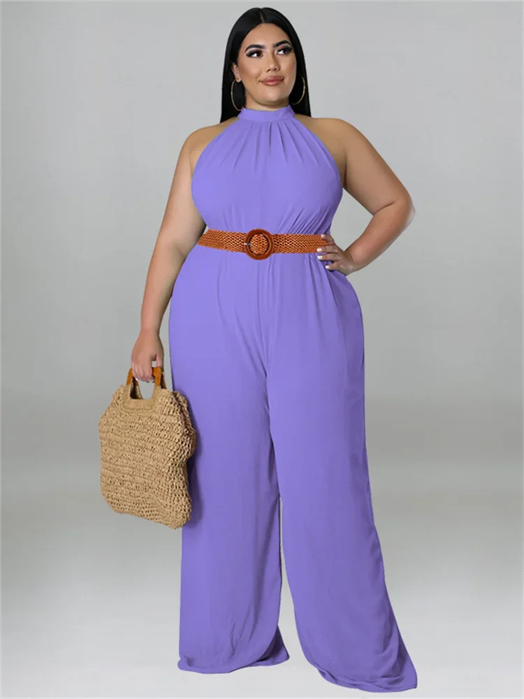 Wmstar Plus Size Women Jumpsuit with Belt Summer Clothes Solid Sleeveless Wide Leg Office Lady Bodysuit Wholesale Dropshipping