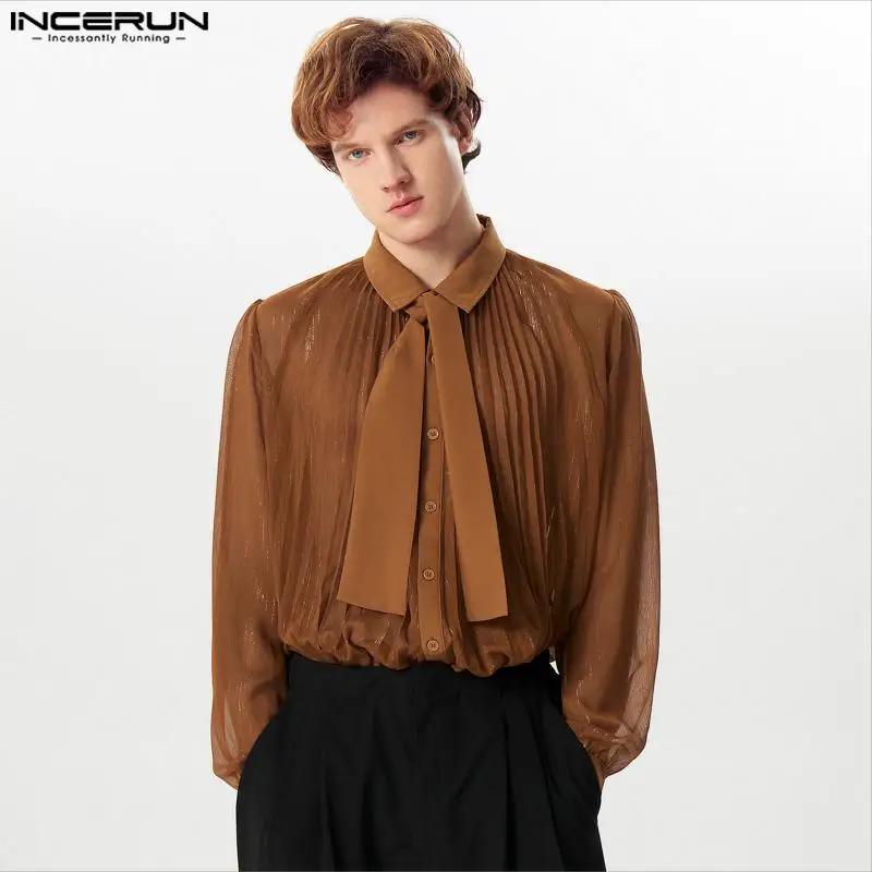 

INCERUN 2024 Men Sexy Shirt Mesh See Through Lapel Long Sleeve Camisas Tie Pleated Solid Party Men Clothing Tops Streetwear