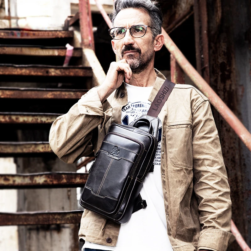 Cowhide Chest Bag Men's First Layer Cowhide Retro Leather Fashion Men's Chest Bag Brown Single Shoulder Hand Crossbody Bag