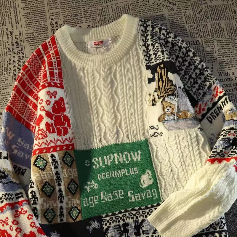 thumbnail image 1 of Suéter lindo de Navidad de otoño e invierno Y2K, diseño de bloques de colores, manga larga, estilo retro Harajuku, moda urbana, suéter suelto para parejas, 1 of 5