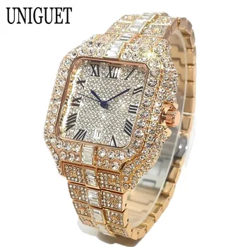 Hot Fashion Brand UNIGUET Hip Hop Rose Gold Iced Diamond Mens Watch Luxury Square Waterproof Quartz Man Clocks Relogio Masculino