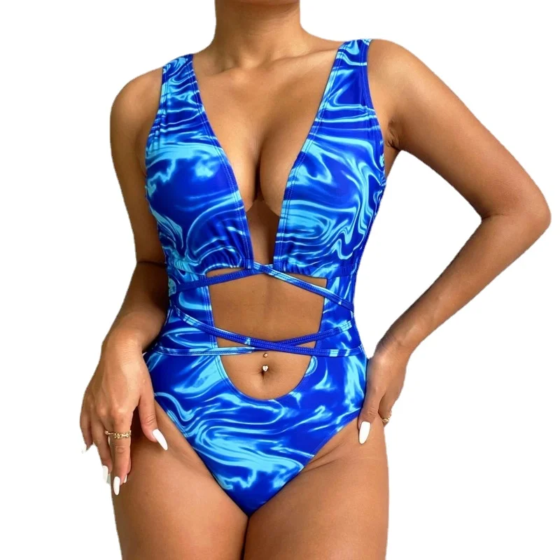 

New Swimsuits Women One Piece Bikinis Blue Swimwear Summer Bathing Suits Female Sliming Beach Wear Sexy Biquini