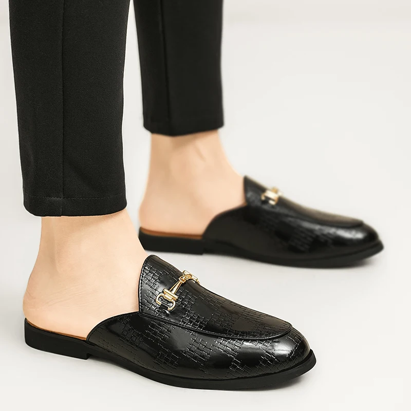 Casual men's half slippers Classic retro flat bottomed style Outdoor Leisure Party And daily life Walking Black leather shoes