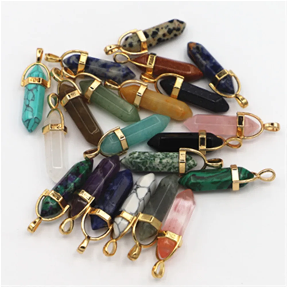 High Quality Assorted Natural Stone Mixed Pillar Point Pendant Amethy Charms Chakra Necklace Wholesale 12Pcs/Pack Free Shipping
