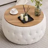 Round Storage Ottoman with Wooden Lid, Tufted Teddy Fabric Circle Ottoman Footrest Stool Bench Coffee Table for Living Room 1