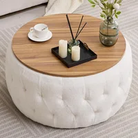 Round Storage Ottoman with Wooden Lid, Tufted Teddy Fabric Circle Ottoman Footrest Stool Bench Coffee Table for Living Room 1