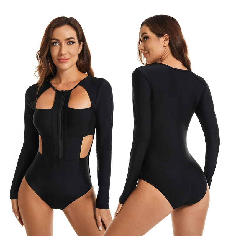

Sexy Black Swimsuit Rashguard Women Long Sleeve Swimwear Rashguard Surfing One-Piece Swimsuit Female Bodysuit Surf Swimming Suit