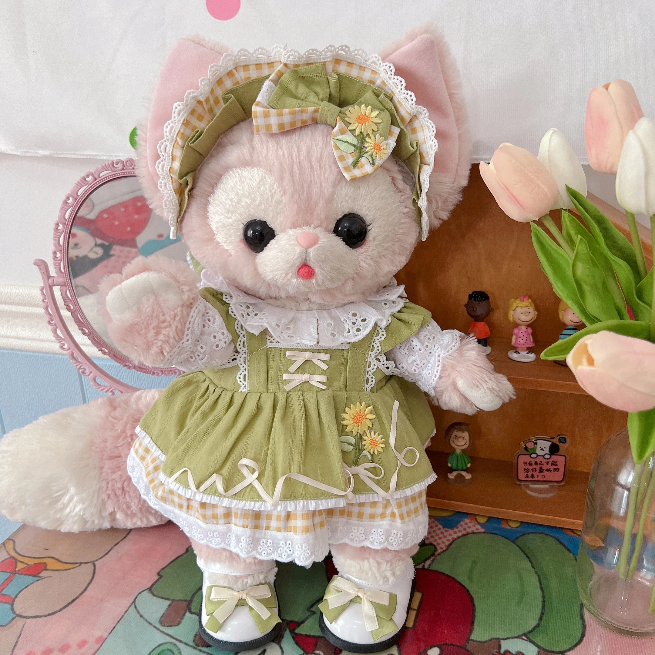 Duffy's friend's 13 inch S size LinaBell and StellaLou plush doll dress with sunflower pattern, rural green plaid skirt