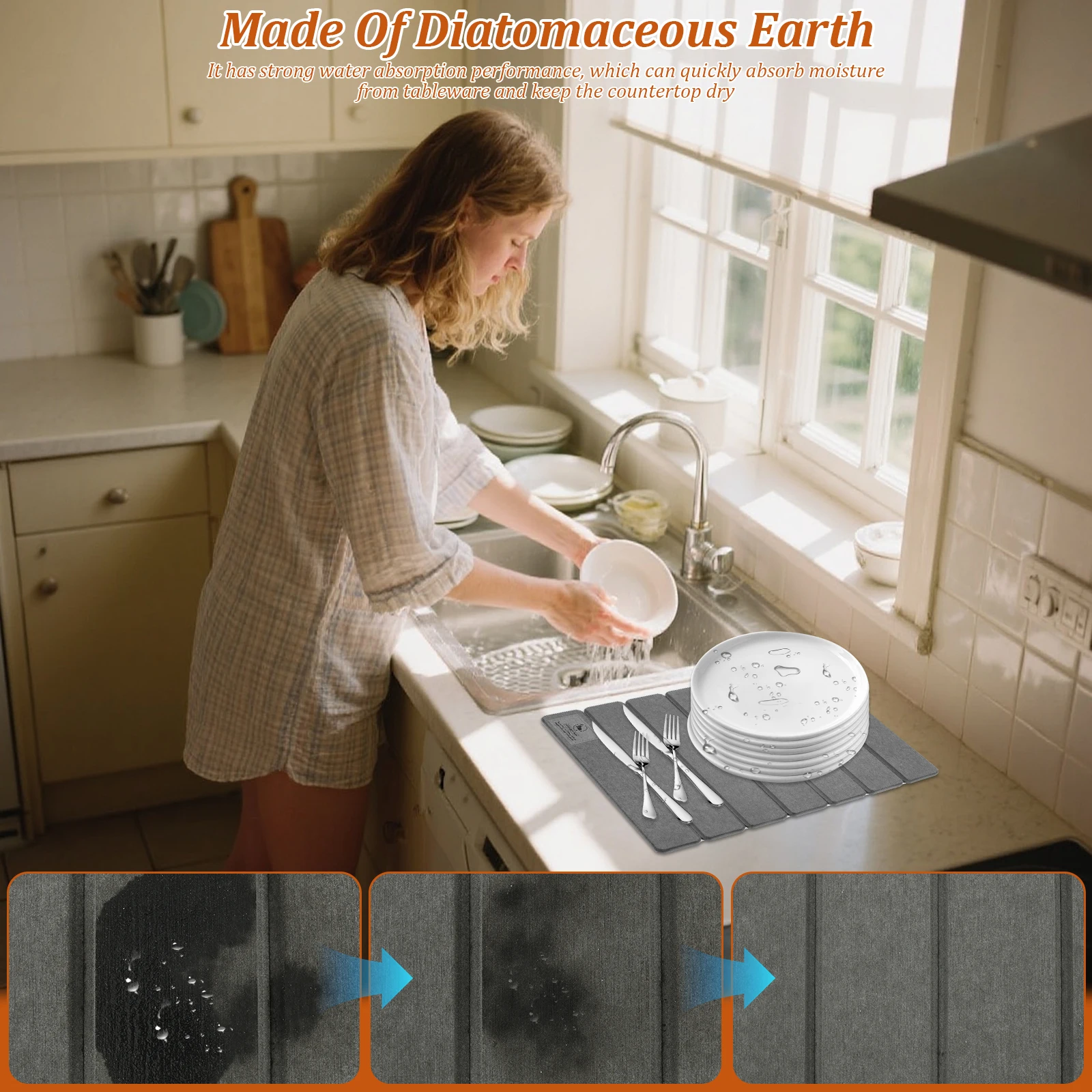 Stone Dish Drying Mat for Kitchen Counter Quick Drying Absorbing Mat with Non Slip Pad for Kitchen Bathroom Drying Mat