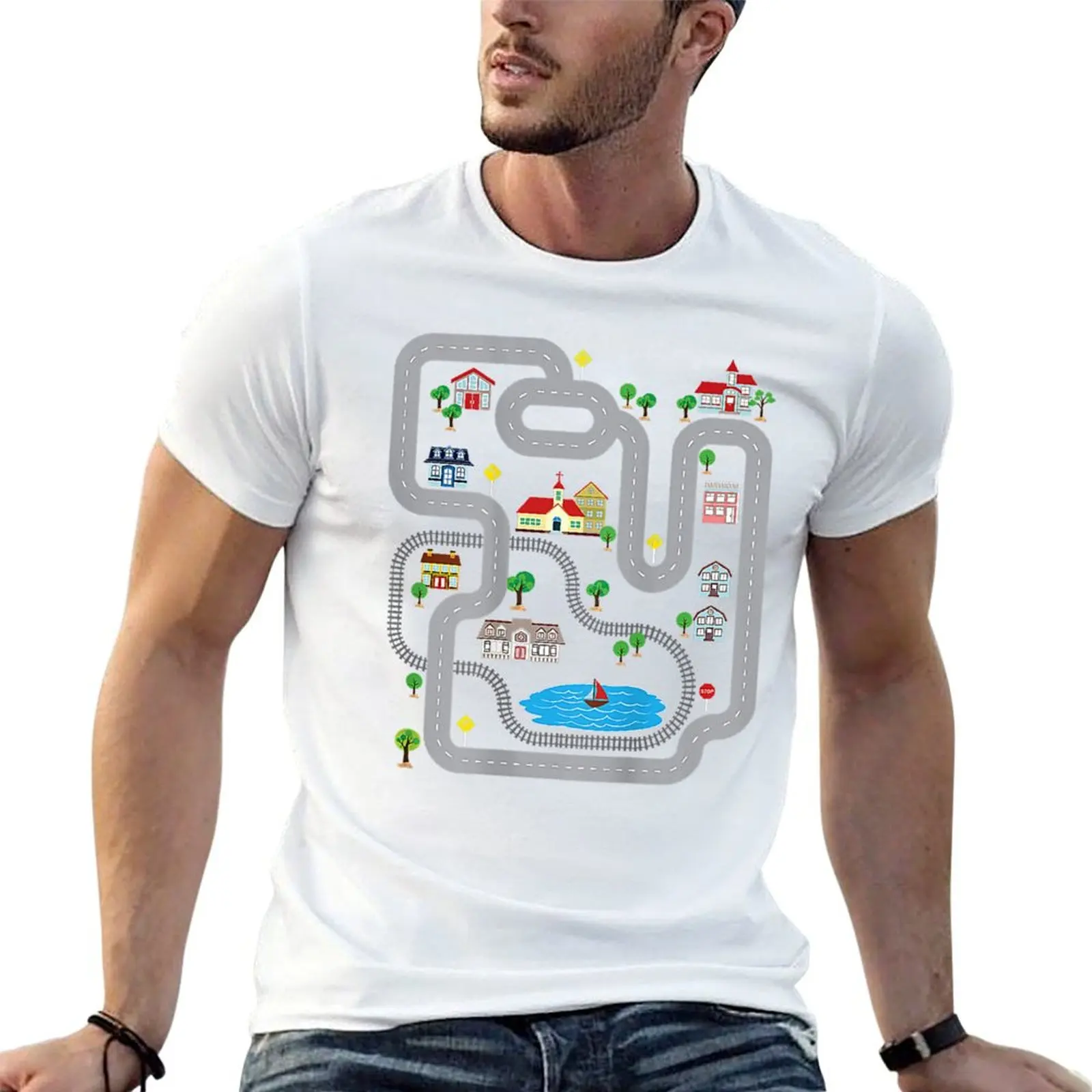 Playmat Train Car Race Track Stampato Su Back Road T-Shirt Blanks Abbigliamento Vintage Magliette In Cotone Da Uomo