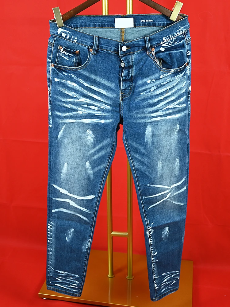 

Purple Jeans High Street Vintage Spotted Indigo Coated Mid Rise Slim Jeans Snow Wash High Quality Drop shipping