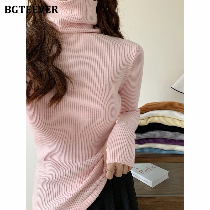

Стильный теплый тонкий женский трикотажный джемпер BGTEEVER, элегантный утепленный женский свитер с длинным рукавом и высоким воротником