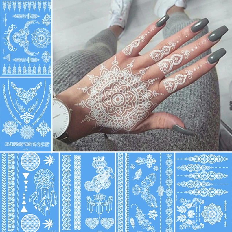 

White Waterproof Tattoo Sexy Mandala Henna Tattoo Lace Jewelry Indian Hand Body Art For Bride Wedding Temporary Tattoo Sticker