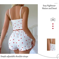 Sexy Sleepwear Women Pajamas Set Heart Print Silk Stain V-Neck Sleeveless Casual Cami Top and Shorts Sets Home Suit Loungewear - Image 5