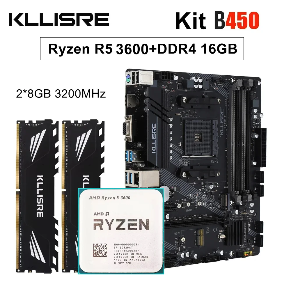 Kllisre B450 Kit AMD Ryzen 5 R5 3600 CPU DDR4 16GB (2x8GB) 3200MHz