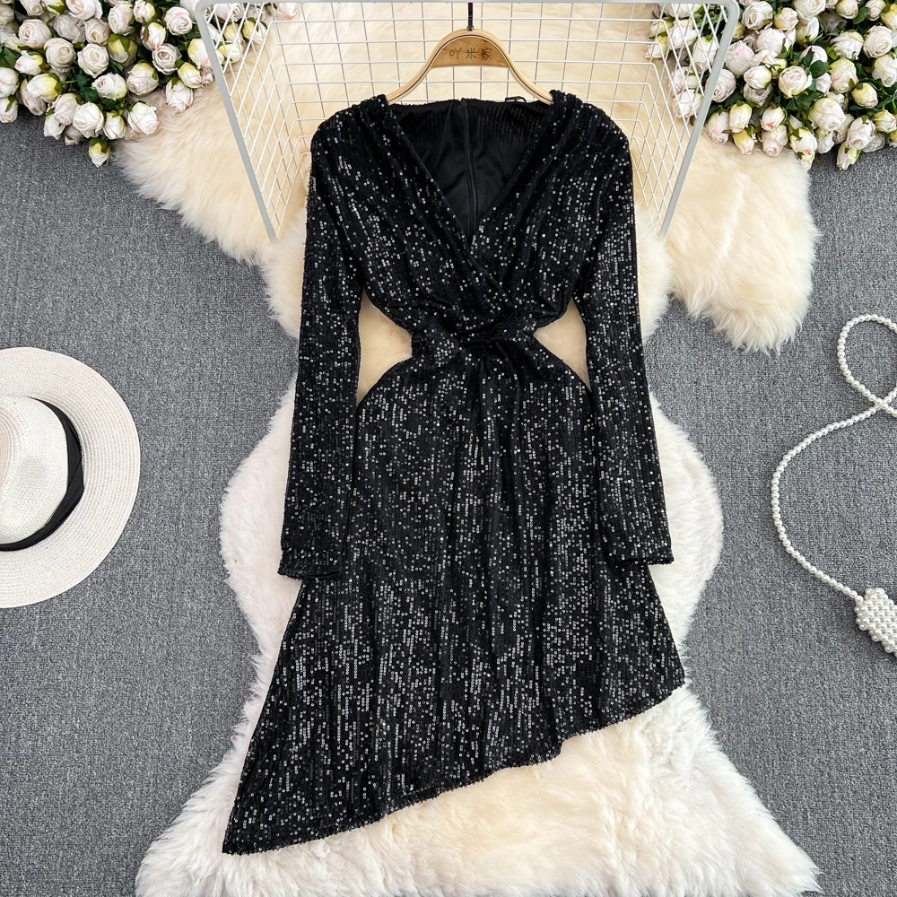 

High-end Banquet Long-sleeved V-neck Waist-slimming Glitter Sequins Irregular A-line Evening Dress