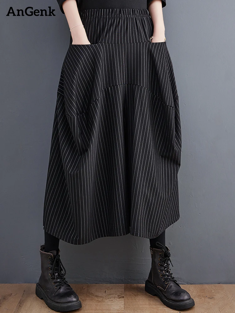 Black High Elastic Waist  Striped Plus Size Wide Leg Pants Women Pocket Loose Casual Fashion Ladies Trousers Spring Autumn 2025