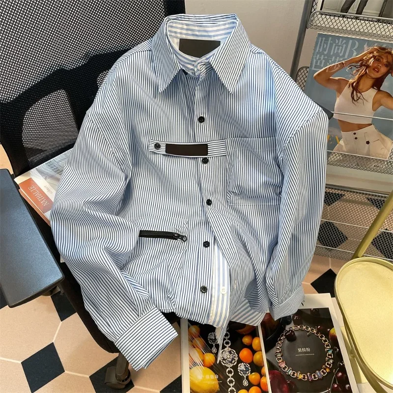 

2024 Spring Autumn Design Fake Two Piece Striped Hong Kong Style Workwear Raspy and Handsome Long Sleeve Trendy Men's Shirt