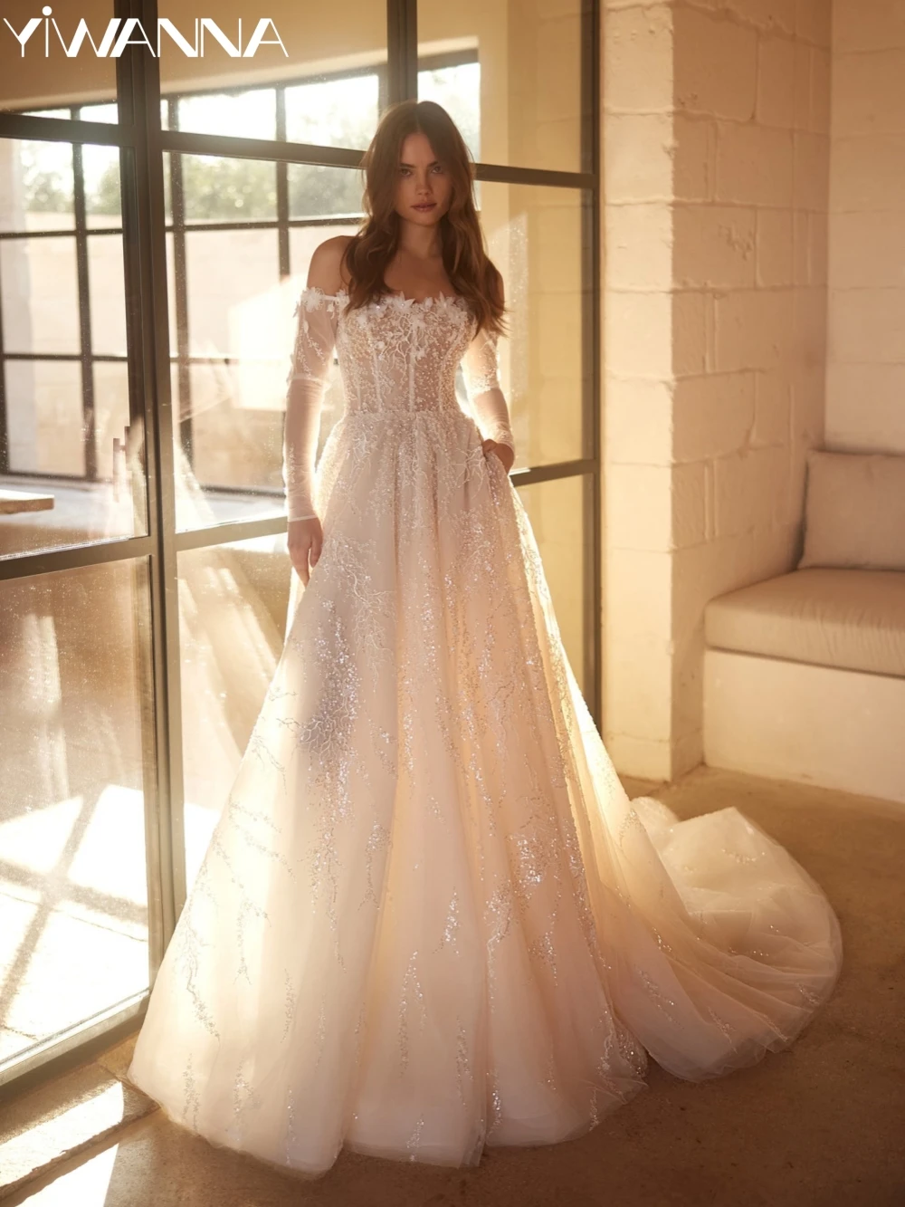 

Off The Shoulder Long Sleeve Wedding Dress Sparkly Sequins Beads Bride Robe Elegant A-line Long Bridal Gown Robe De Mariée