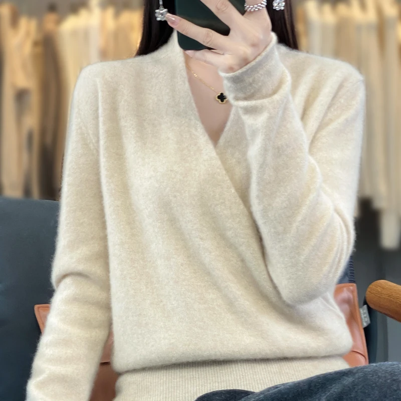 

100% wool sweater women's casual V-neck top autumn and winter new knitted casual pullover loose Korean version women's jacket