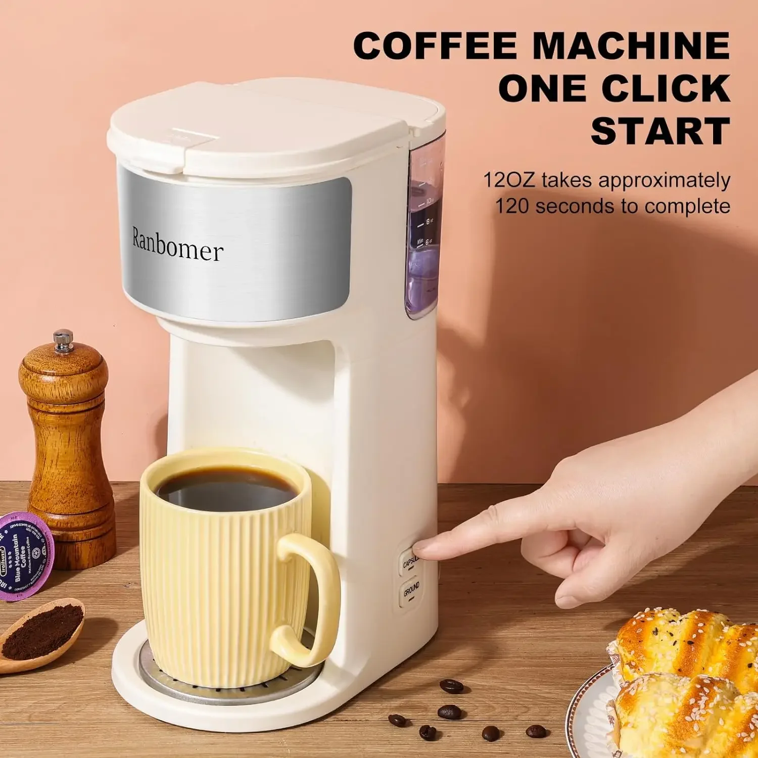 Single Serve Coffee Maker, K Cup and Ground Coffee Machine 2 in 1, 6 to 14 Oz Brew Sizes, Mini One Cup Maker (White)