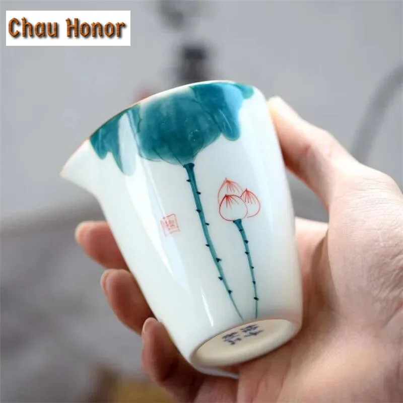 Lotus Hand Painted Pottery Kiln Cha Hai Ceramic Tea Separate Tool Kung Fu Tea Set Pigmented Fair Cups Heat Resistant Tea Service
