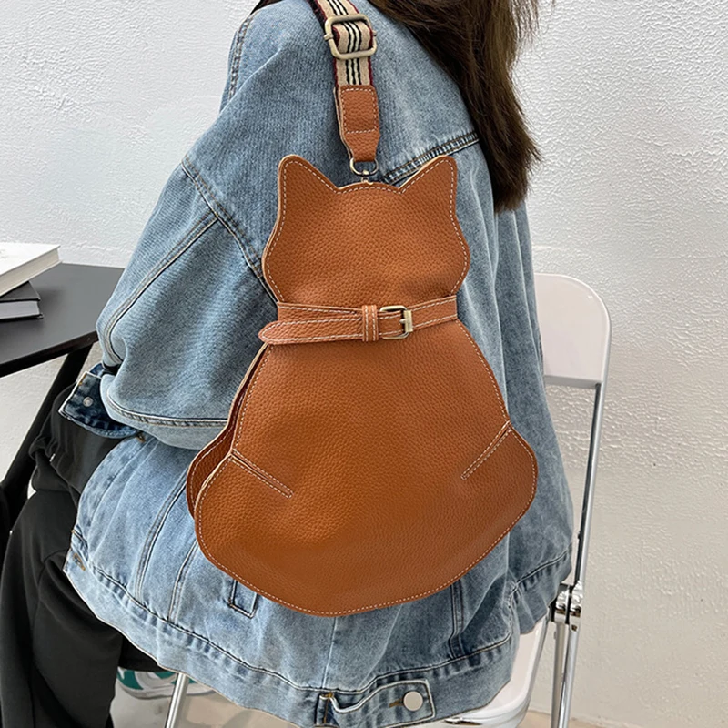 Trend Vintage Women Chest Waist Bag Cat Shape Shoulder Casual Crossbody Quality Leather Handag Purse Lady  Brand Designer Bag