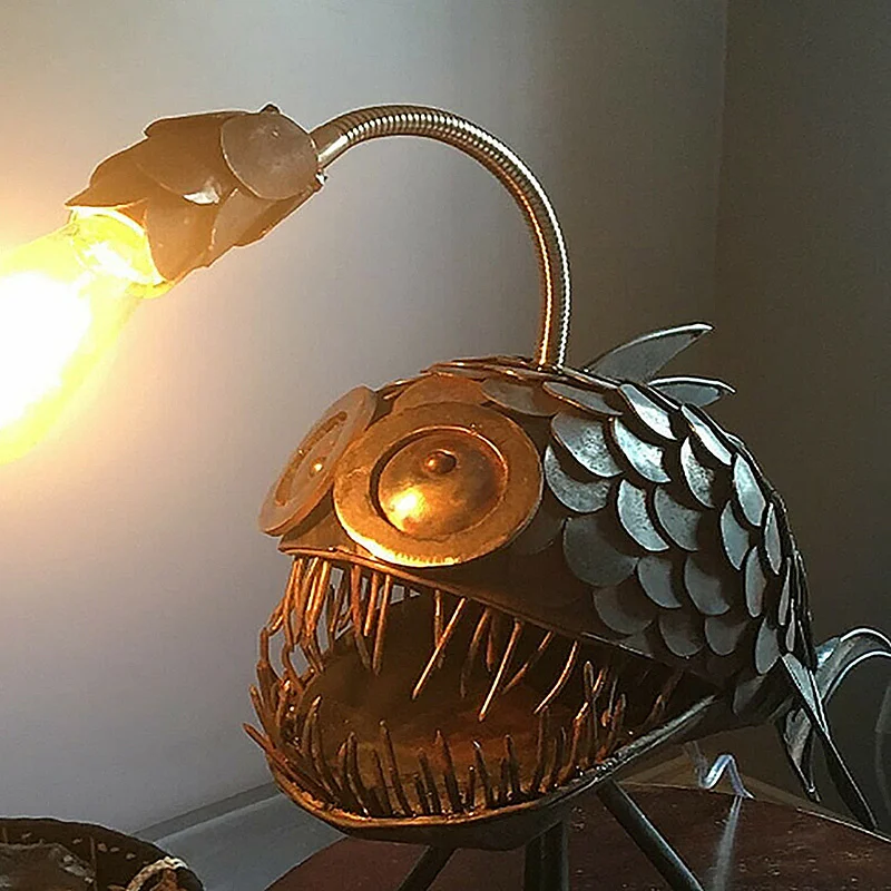 Creative Angler Fish Desk Lamp Shark Desktop Night Light USB Metal