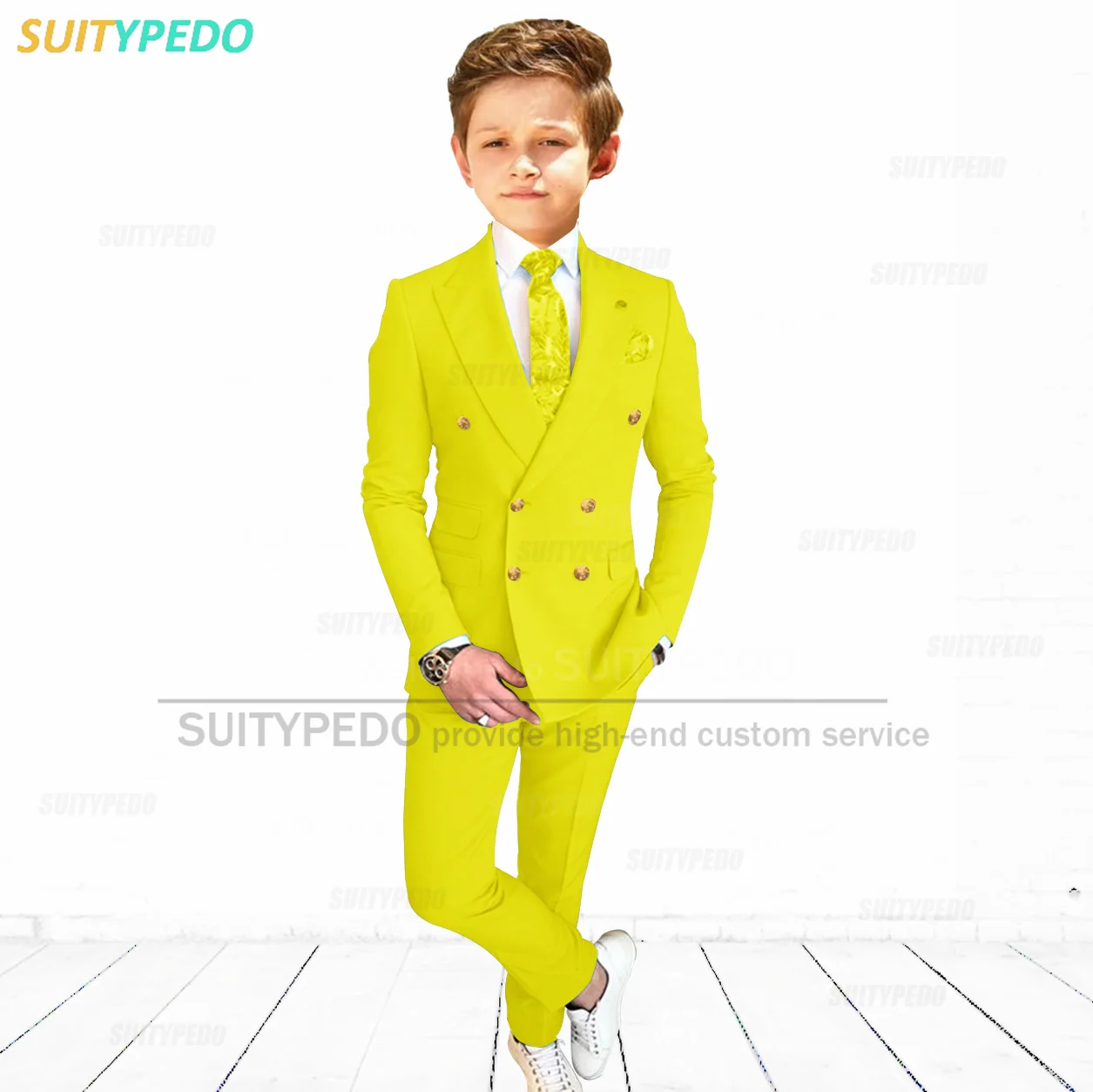 Fashion Boys Suits 2 Piece Slim Fit Double Breasted Yellow Kids Tuxedos
