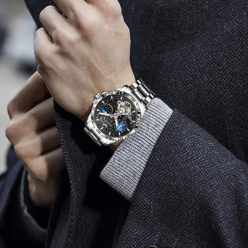 AILANG Fashion Blue Starry Sky Mechanische Uhr für Herren, luxuriöses Lederarmband, wasserdicht, leuchtend, automatische Tourbillon-Uhren_voghion.com
