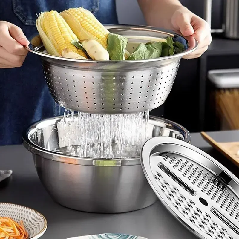 3PCS/Set of Multifunctional Fruit and Vegetable Slicer, Fruit and Vegetable Cleaning Basin, Drainage Basket, Kneading Basin