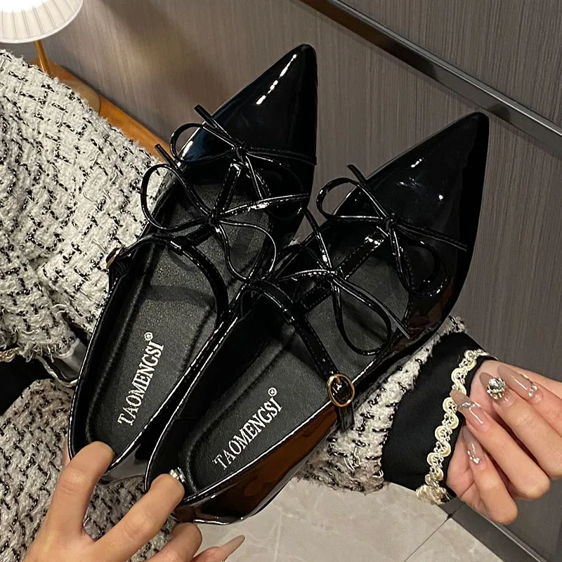 Fashion T-Strap Ladies Mary Janes Flats Shoes Pointed Toe Female Butterfly-Knot Footwear Shallow Flats Shoes For Women 2