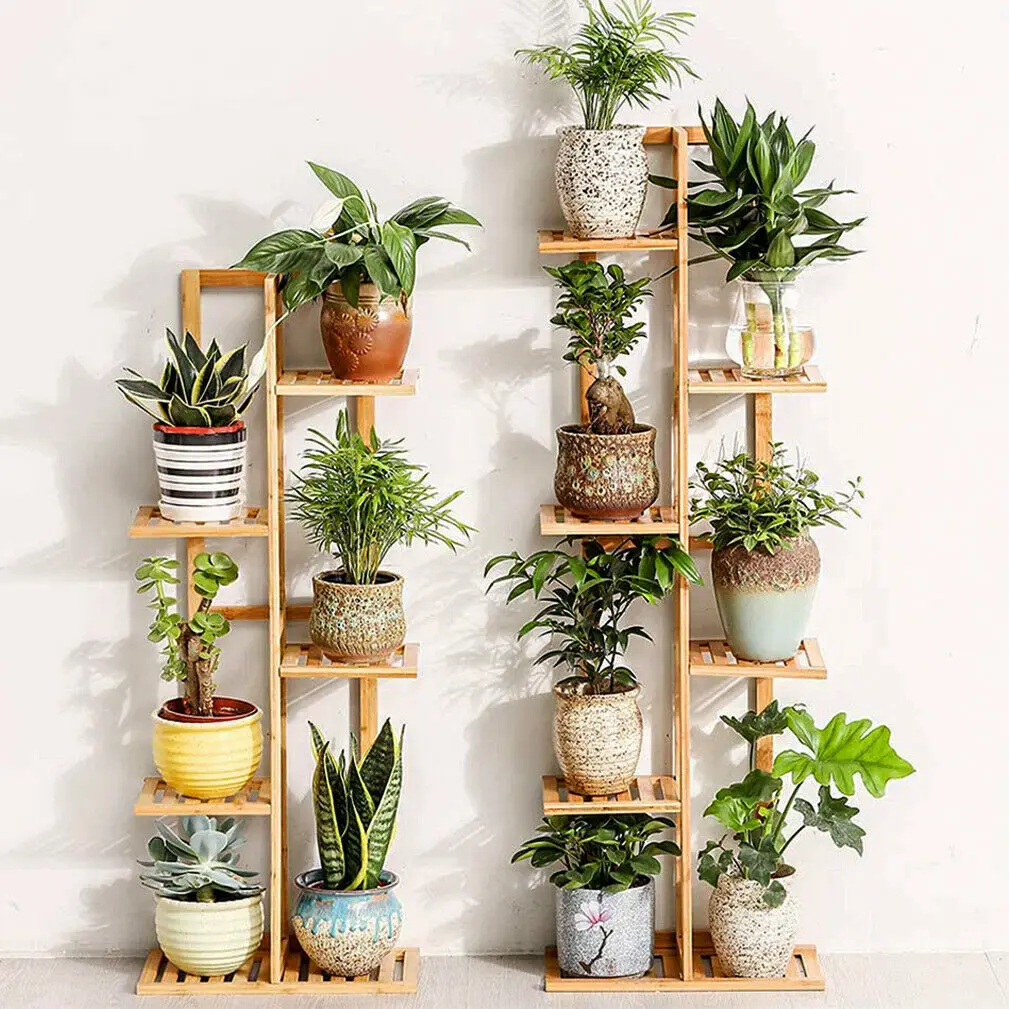 6/7 Pot Vertically Bamboo Flower Shelf Rack Plant Stand Pots Display Corner Shelving Home Indoor Outdoor — view 3