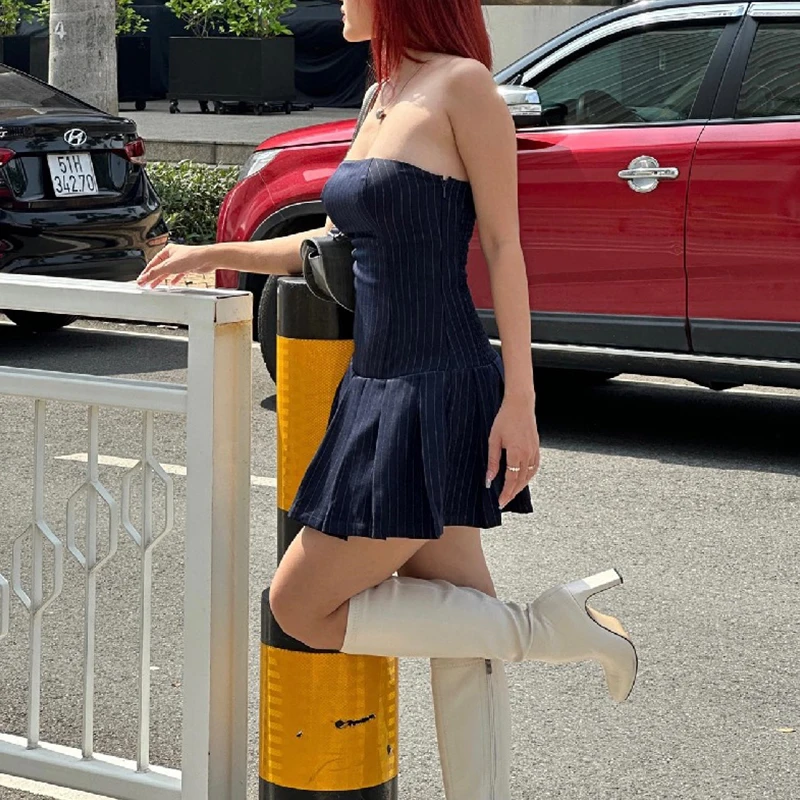 Strapless Mini Dress y2k Aesthetic Clothes Women Striped Pleated A Line Dress 2000s Cocktail Party Dresses Streetwear